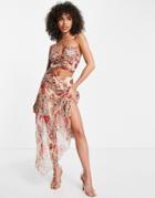 Asos Design Sheer Ruffle Midi Skirt In Leopard Floral Print - Part Of A Set-multi