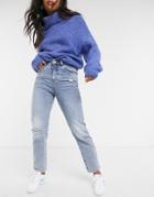 Cotton: On Mom Jean With Knee Rip In Mid Wash Blue-blues
