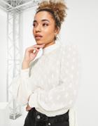 Asos Design High Neck Sheer Top With Tie Back Detail In Textured Fabric In Cream-blue