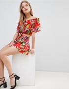 Love & Other Things Bardot Tropical Print Top - Red