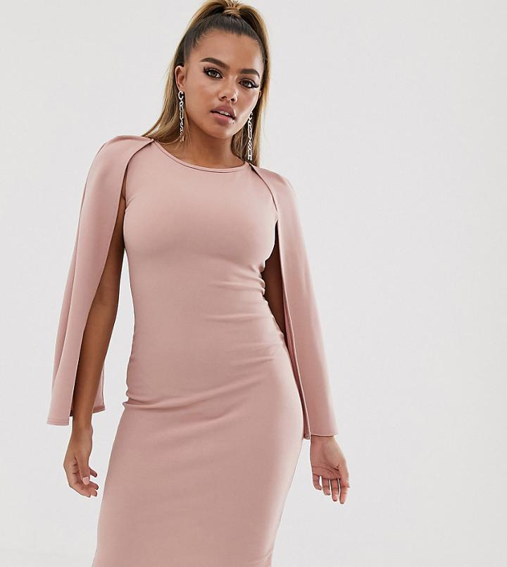Boohoo Petite Bodycon Midi Dress With Cape Sleeves In Pink - Pink