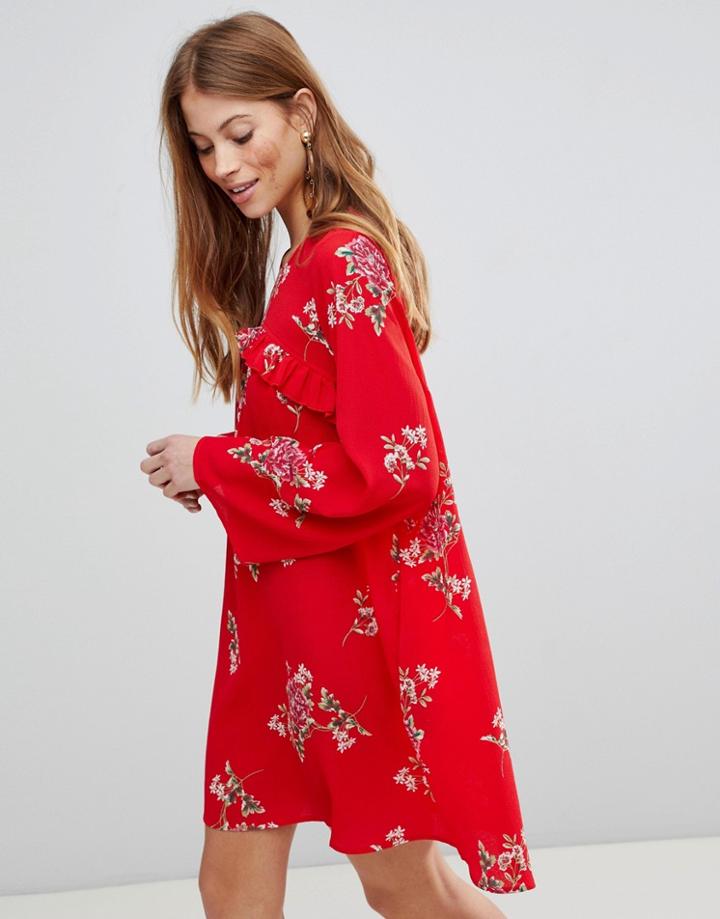 Qed London Floral Shift Dress With Frill - Red