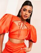 Asos Luxe Puff Sleeve Wrap Satin Top In Red - Part Of A Set