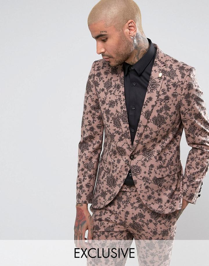 Noose & Monkey Super Skinny Suit Jacket In Floral - Pink