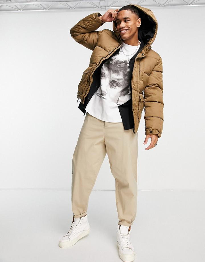 Only & Sons Puffer Jacket With Hood In Tan-brown