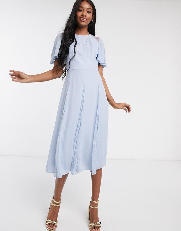 Asos Design Midi Dress With Lace Panels And Blouson Bodice-blues