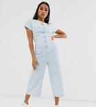 Asos Design Petite Denim Button Through Jumpsuit With Open Back In Midwash Blue - Blue