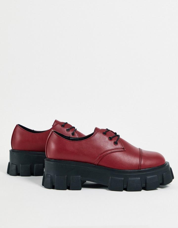 Truffle Collection Super Chunky Lace Up Shoes In Burgundy Faux Leather-red