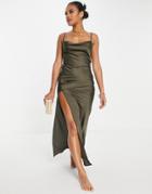 Asos Design Cowl Neck Cami Beach Maxi Dress In Khaki-green