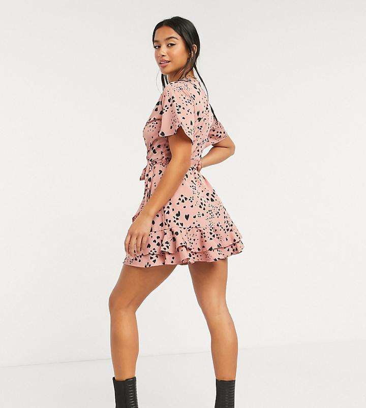 Influence Petite Wrap Front Mini Dress In Dusky Pink Heart Print-multi