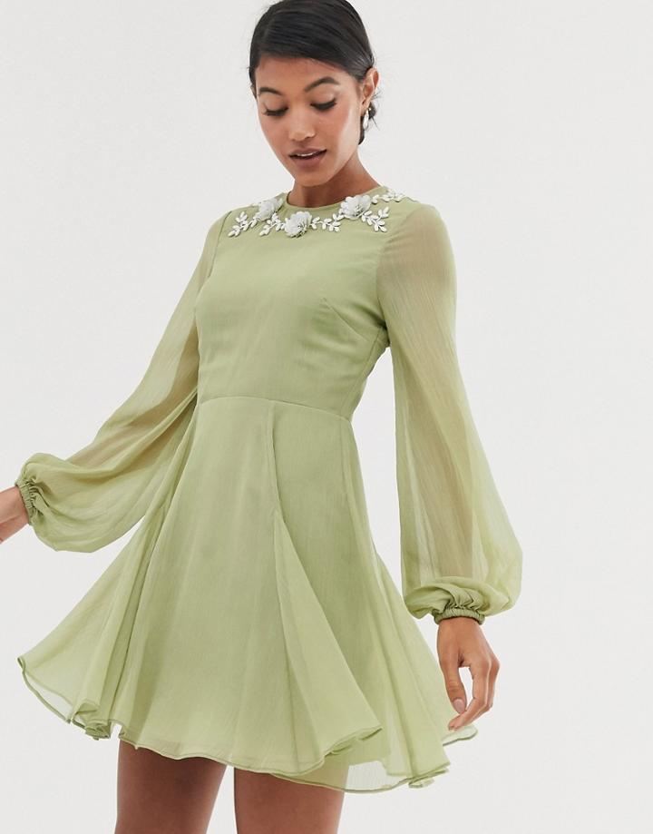 Asos Design Mini Dress With Embellished Neckline - Green
