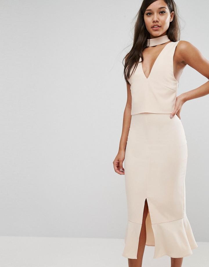 Lavish Alice Choker Detail Flounce Hem Midi Dress - Pink