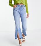 River Island Petite Split Front Kickflare Cropped Jeans In Medium Blue