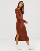 Asos Design Fine Knit Ribbed Midi Dress In Recycled Blend - Brown