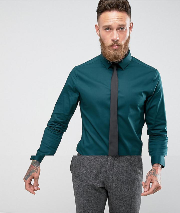 Asos Skinny Teal Shirt With Black Tie Save - Green