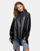 Topshop Faux Leather Oversized Shirt In Black