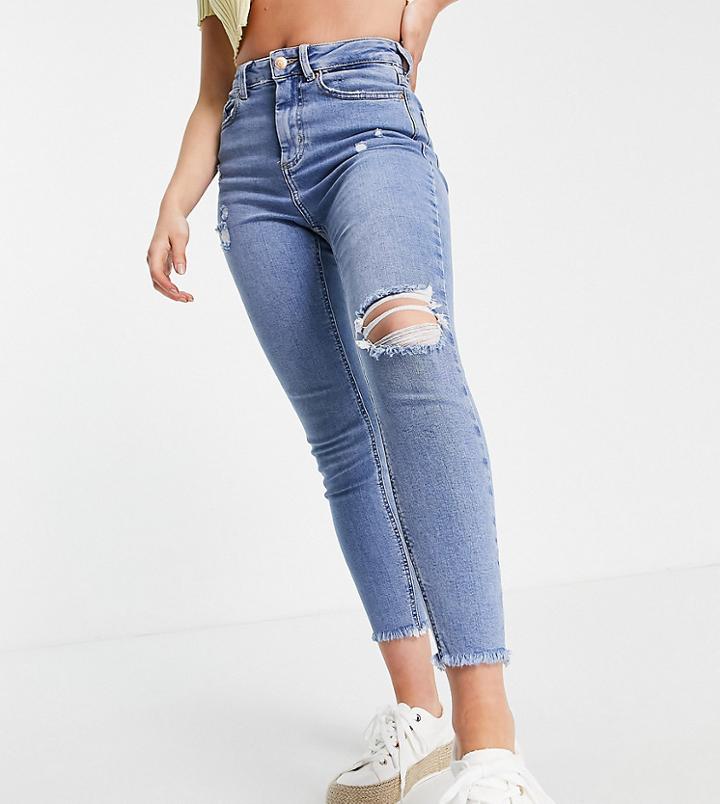 New Look Petite Highrise Ripped Skinny Jean In Authentic Wash Blue-blues
