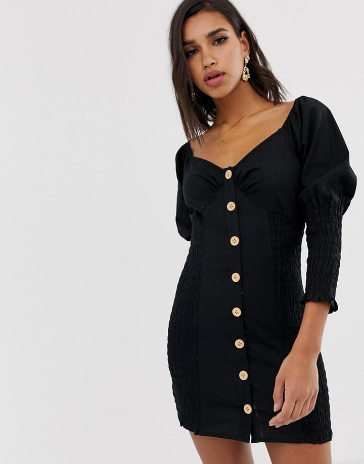 Asos Design Button Through Shirred Mini Dress-black