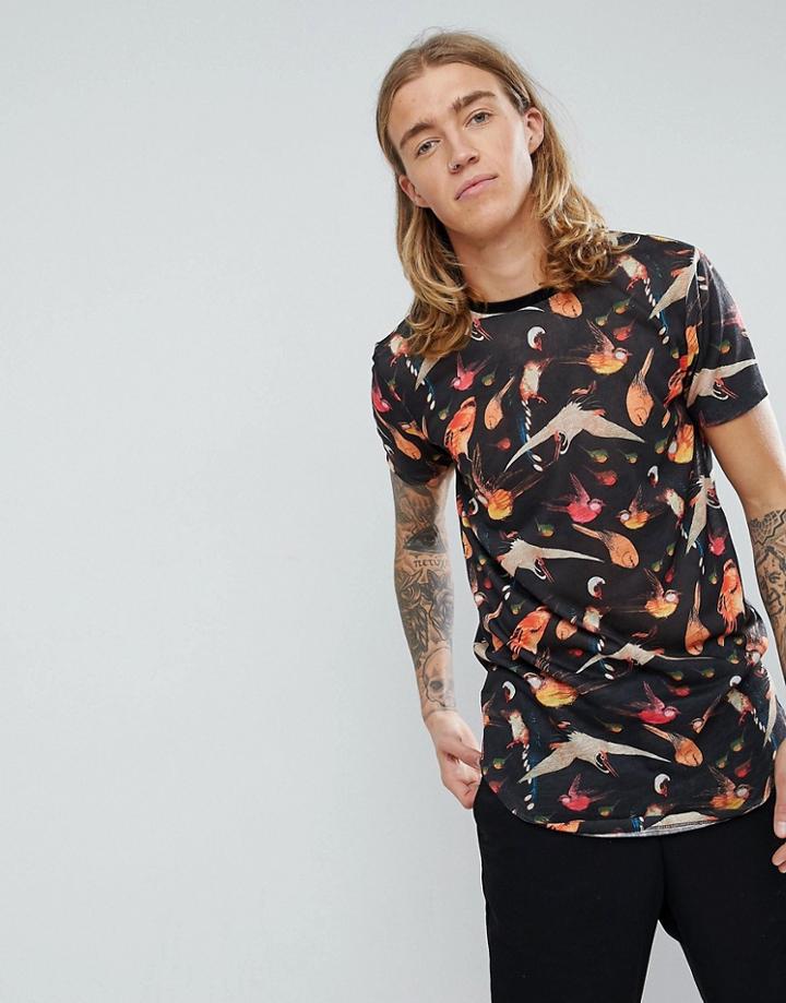 Asos Super Longline T-shirt With Bird Floral Print In Linen Look - Black