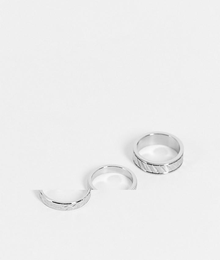 Asos Design 3 Pack Waterproof Stainless Steel Band Ring Set With Chevron Embossing In Silver Tone