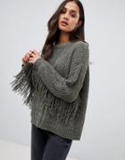 Brave Soul Emery Chenille Sweater With Fringing - Green