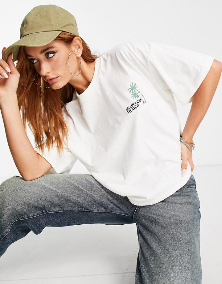 Asos Design T-shirt With Mexico And Palm Tree Pocket Graphic Print In Off White