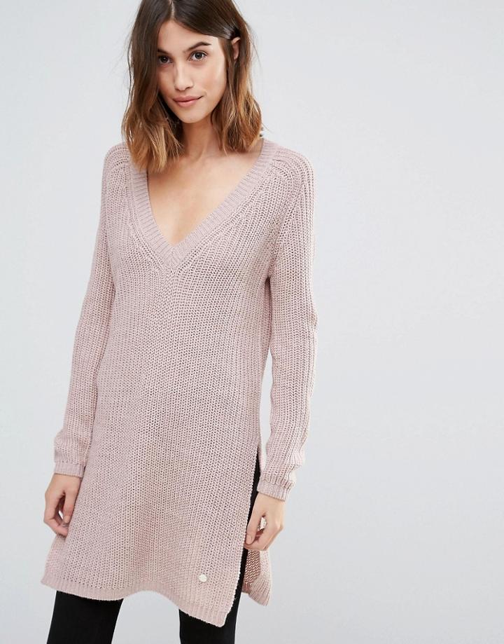 Only Deep V Neck Long Knit Sweater With Side Split - Pink