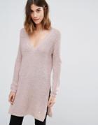 Only Deep V Neck Long Knit Sweater With Side Split - Pink