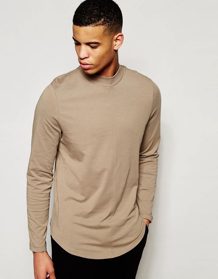 Asos Longline Long Sleeve T-shirt With Turtleneck And Curved Hem - Brown