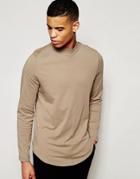 Asos Longline Long Sleeve T-shirt With Turtleneck And Curved Hem - Brown