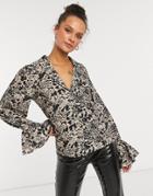 In The Style X Shaughna Plunge Front Top With Fluted Sleeves In Animal Print-multi