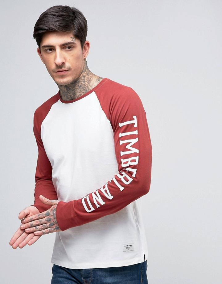 Timberland Long Sleeve Baseball Top Sleeve Logo Contrast In White/red - White