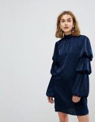 Lost Ink High Neck Shift Dress With Tiered Ruffle Sleeves - Navy