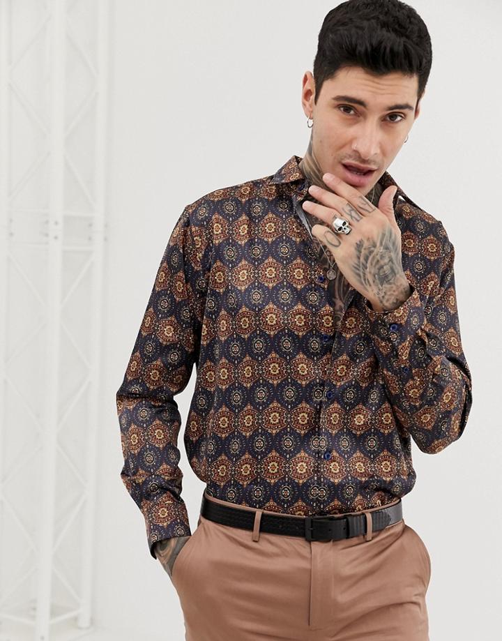 Devils Advocate Oversized Satin Print Long Sleeve Shirt-navy