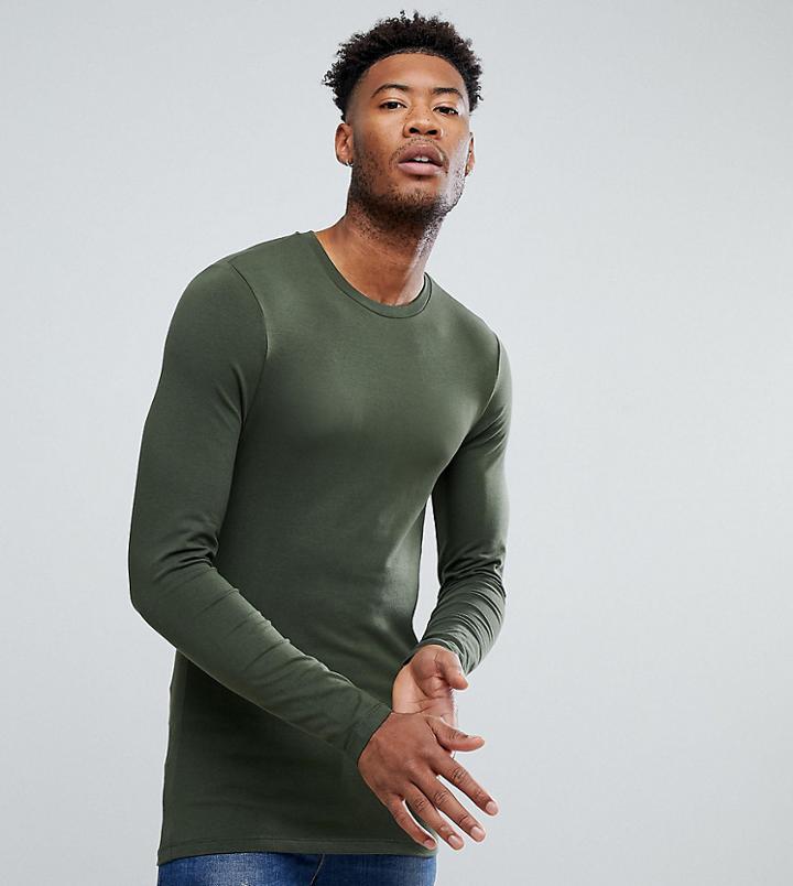 Asos Tall Long Sleeve Muscle Fit T-shirt With Crew Neck In Green - Green