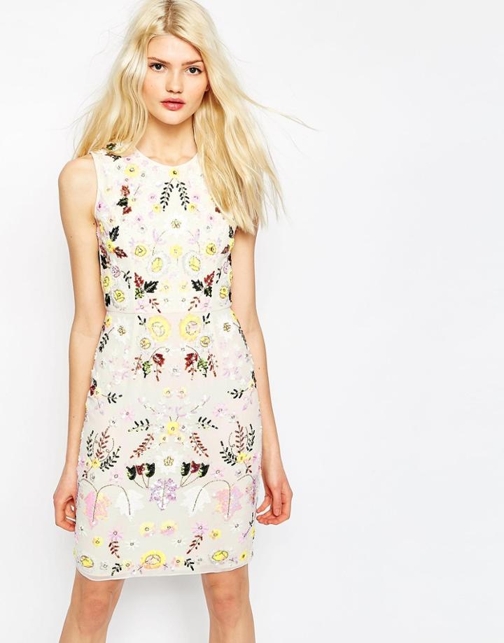 Needle & Thread Sunflower Embellished Pencil Dress - Chalk