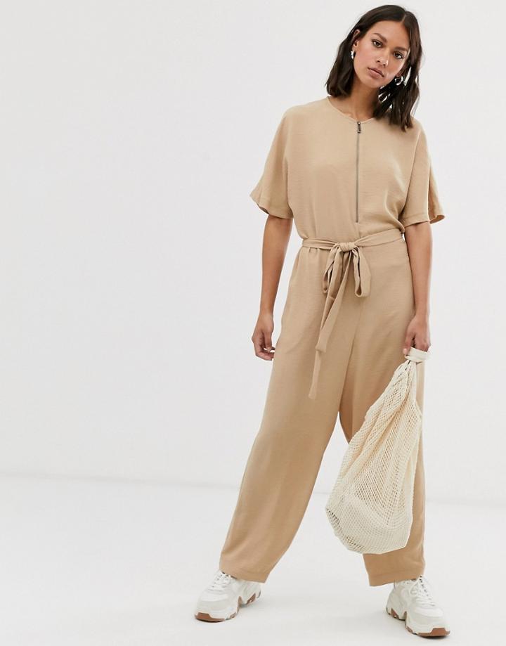 Asos Design Zip Front Slouchy Tie Waist Boilersuit With Pockets - Cream