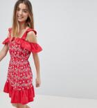 Asos Petite Ruffle Cold Shoulder Broderie Sundress - Red