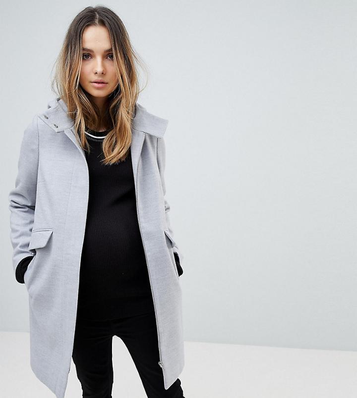 Asos Maternity Hooded Slim Coat With Zip Front - Gray