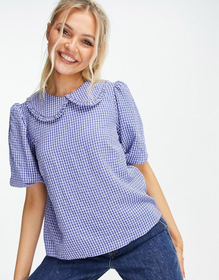 New Look Check Collar Blouse In Blue-blues