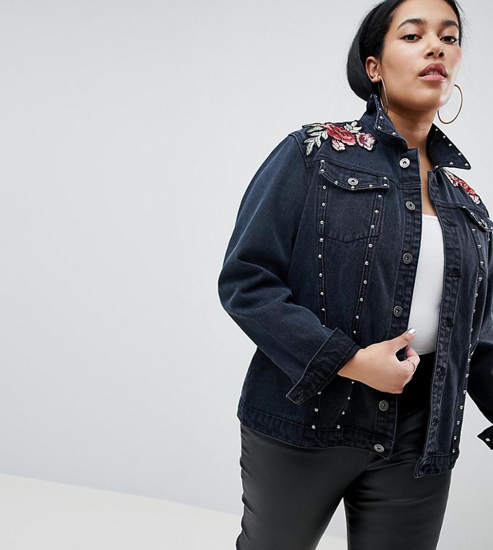Liquor N Poker Plus Girfriend Jacket With Studs And Rose Embroidery - Black
