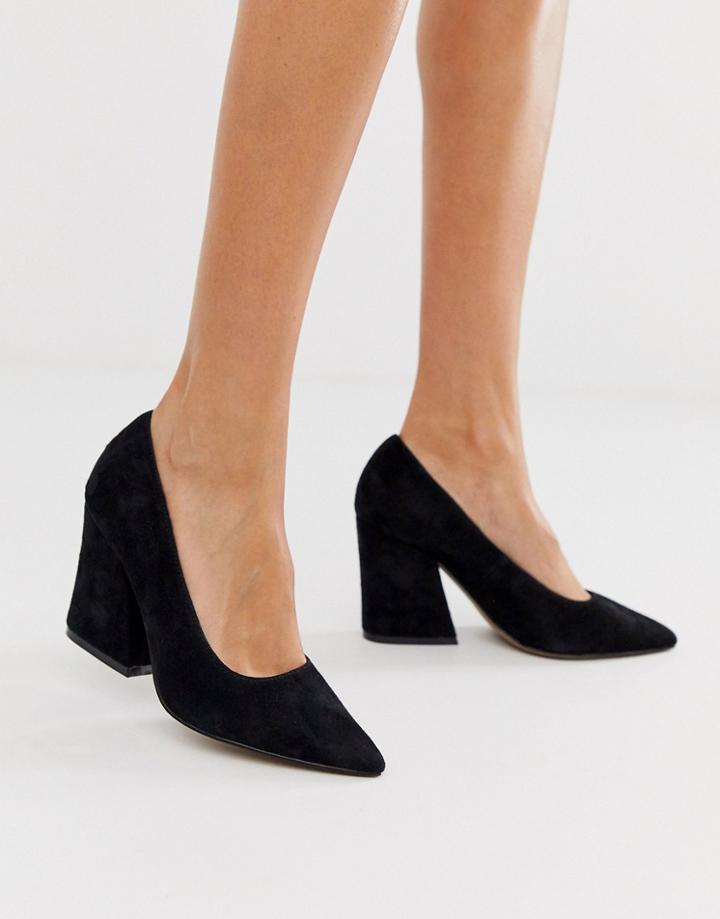 Asos Design Sorry Not Sorry Block Heeled Pumps In Black Suede