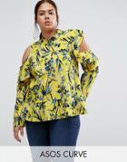 Asos Curve Floral Ruffle Top With Cold Shoulder Detail - Multi