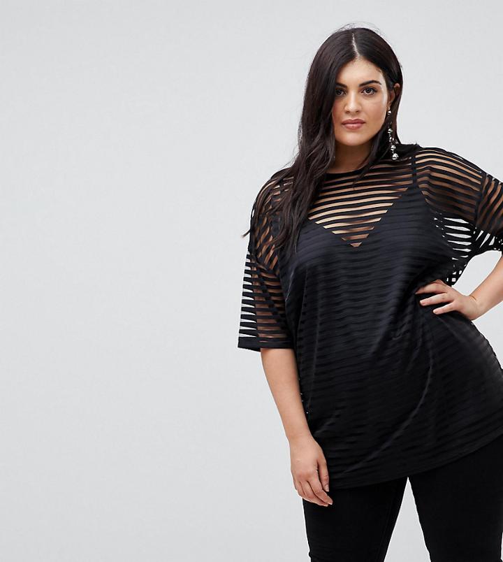 Asos Curve Oversized Mesh T-shirt With Stripe - Black