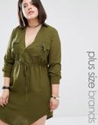 Missguided Plus V Neck Drawstring Shirt Dress - Green