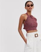 Fashion Union Ruffle Front Crop Top With Cross Back In Check - Red