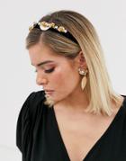 Asos Design Headband With Gold Floral Embellishment And Leaf Drop Pearl Earrings In Gold Tone - Multi