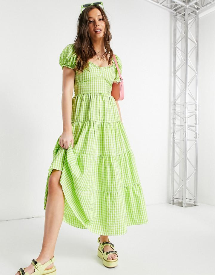 Stradivarius Milkmaid Poplin Dress With Puff Sleeves In Green Gingham