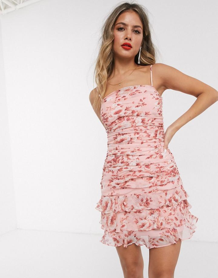 Bardot Ruched Cami Mini Dress With Tiered Hem In Peach Floral Print-multi
