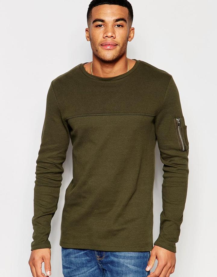 Asos Waffle & Rib Muscle Long Sleeve T-shirt With Ma1 Pocket - Green